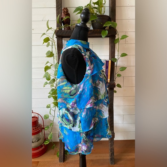 NY Collection: Blue Tiered Ruffle Top with Mock Collar - Picture 8 of 16